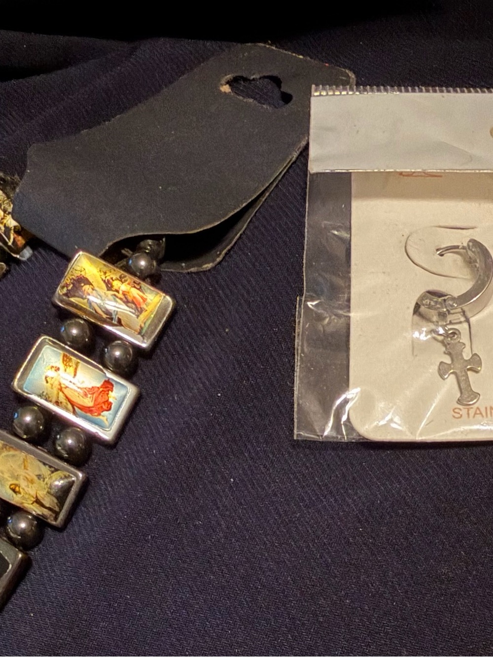 Religious Icon Beaded Bracelet with Rectangular Plaques - and cross earrings